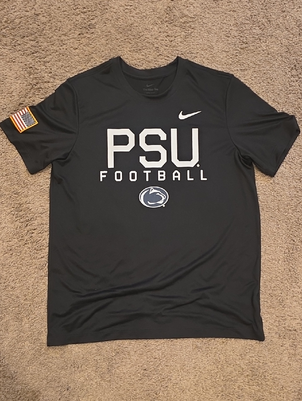 Nike Black PSU Football Short Sleeve Tee with White Logo and Flag Patch Large